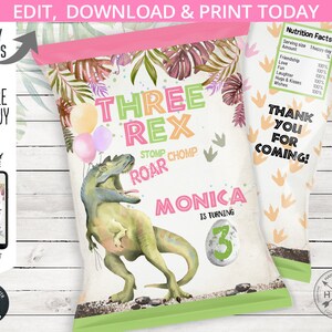 Drie Rex Dinosaurus verjaardagsuitnodiging T-Rex Dino meisjesfeest derde verjaardagsfeestje roze groen gebrul 3e kaart. Bewerkbaar afdrukbaar. 137 HPA 30 A