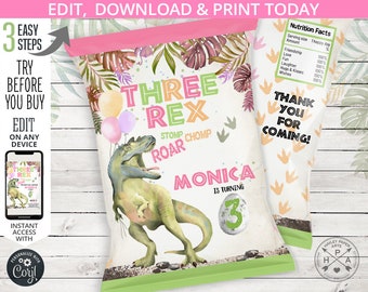 Three Rex Dinosaur birthday invitation T-Rex Dino girl party third birthday party pink green roar 3rd card. Editable printable. 137HPA 30 A