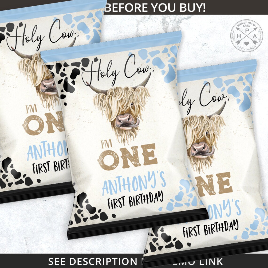 Holy Cow I'm ONE Chips Bag, Highland Cow Favor Bags, Pouch Wrapper ...