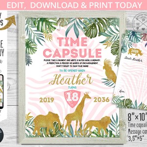 Modifiable Time Capsule jungle sauvage un safari bébé fille anniversaire or rose carte de message de signe de fête. Accès instantané au modèle. 041HPA 17