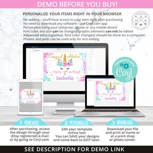 May include: A digital mockup showing how to personalize a printable unicorn birthday banner using the Corjl.com website. The banner features a pink, blue, and gold unicorn with the text "magical celebration" and "Happy 1st Birthday Isabella".