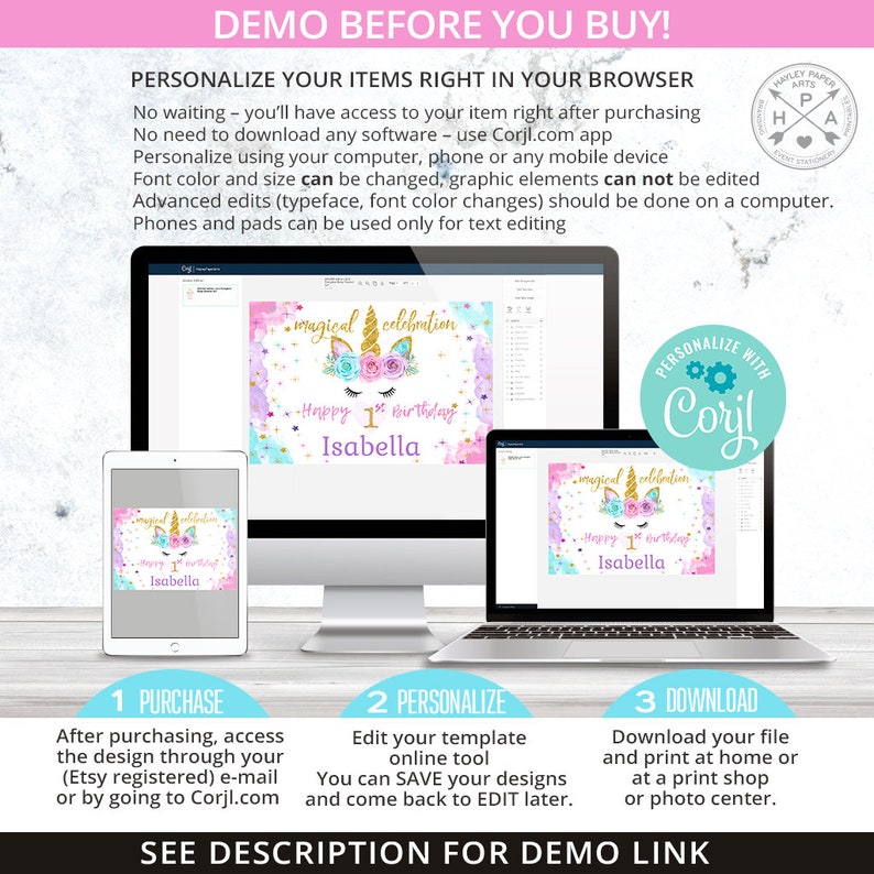 May include: A digital mockup showing how to personalize a printable unicorn birthday banner using the Corjl.com website. The banner features a pink, blue, and gold unicorn with the text "magical celebration" and "Happy 1st Birthday Isabella".