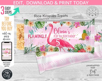 Flamingo rice krispies treats wrapper label, let's flamingle favors, any age birthday rice crispy krispy treat. Editable printable 044HPA 33