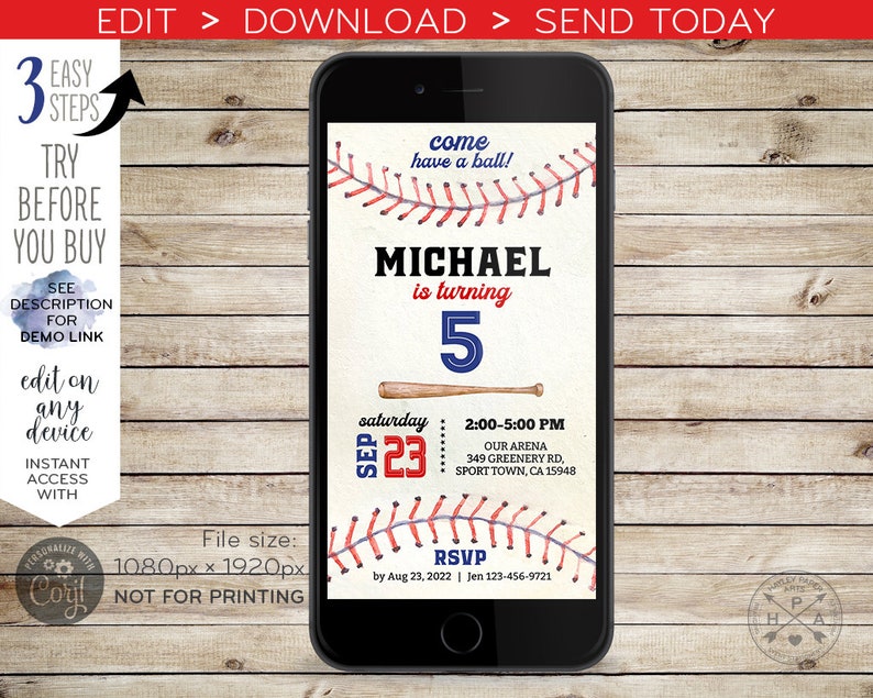 Op de afbeelding: Bewerkbare baseball-thema verjaardagsuitnodiging voor een jongen die vijf jaar wordt. De uitnodiging heeft een rood, wit en blauwe baseball met stiksels, een honkbalknuppel en de tekst "Kom en speel mee!"  "Michael wordt 5"  "Zaterdag 23 september, 14:00-17:00 uur"  "Ons stadion, 349 Greenery Rd, Sport Town, CA 15948"  "RSVP voor 23 augustus 2022 | Jen 123-456-9721".