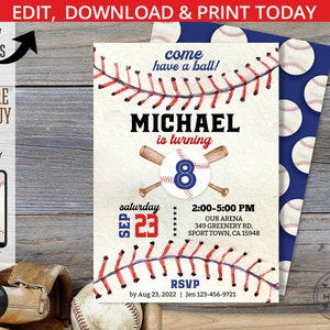 Baseball birthday invitation navy blue red boy party invite rookie of the year sports slugger ball game. Editable card design. 191HPA 08