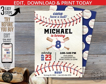 Baseball birthday invitation navy blue red boy party invite rookie of the year sports slugger ball game. Editable card design. 191HPA 08