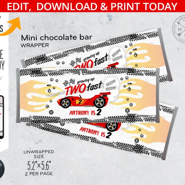 Race car candy bar label, two fast sports speed red racing labels, chocolate bar wrap, boy birthday editable printable. 197HPA 33 C