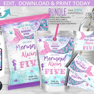 BUNDLE Mermaid chips bag, juice bags, water bottle labels, candy bar label, chips pouch, wrapper, birthday. Modèle modifiable. 060HPA 58
