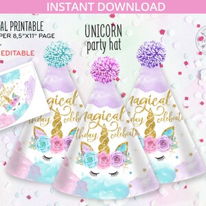 Unicorn party hat. Magical celebration party supplies. Kids paper DIY hats. Not editable. Instant download. 046HPA 44 B