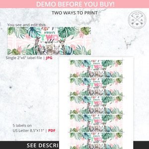 Puede incluir: Etiquetas de fiesta imprimibles con tem&aacute;tica de la jungla para un segundo cumplea&ntilde;os. Las etiquetas presentan un esquema de color rosa y verde con una jirafa, un rinoceronte y una cebra. El texto dice "Harley's Two Wild". Las etiquetas est&aacute;n disponibles en dos tama&ntilde;os: una sola etiqueta de 2x6 pulgadas y una hoja de 5 etiquetas en papel de 8,5x11 pulgadas.