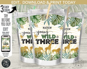 May include: Three juice box labels with a jungle theme. The labels feature a zebra print background with green leaves, gold glitter, and a giraffe. The text on the labels reads "Mathew is young, wild & three".