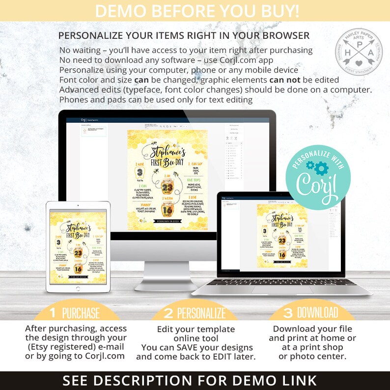May include: A digital illustration of a honeybee-themed first birthday poster with a yellow and white colour scheme. The poster features a honey jar, a bee, and the text "Stephanie's First Bee Day".