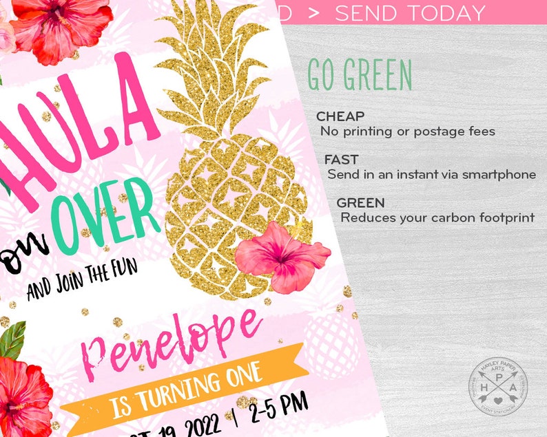 Hawaiian luau pineapple electronic birthday invitation any age tropical pool party smartphone e-vite digital. Selfediting. E187 01 187hpa image 4