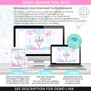 May include: A digital printable design for a unicorn birthday party. The design features a unicorn with a pink and blue watercolor background. The text "Magical Birthday Celebration" is written in a white font. The design is available for personalization using the Corjl.com app.