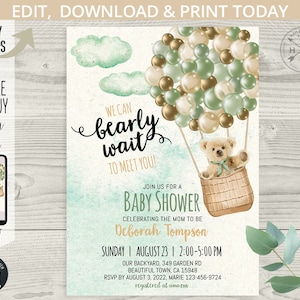 Bear baby shower invitation, bearly wait hot air balloon green gold ivory flying vintage teddy bear balloons invite. Editable. 194HPA 03