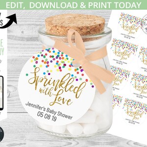 BEWERKBARE Confetti besprenkeld met liefdesgunst, dank u 2x2 ronde tag douchelabel. Directe toegang tot de sjabloon. Door jou bewerkt. 012HPA 06