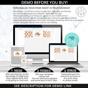 May include: A digital mockup showing how to personalize a printable design using the Corjl.com website. The design features a basketball and soccer ball theme with the text "Let's Get Ready" and "Orange & Blue".