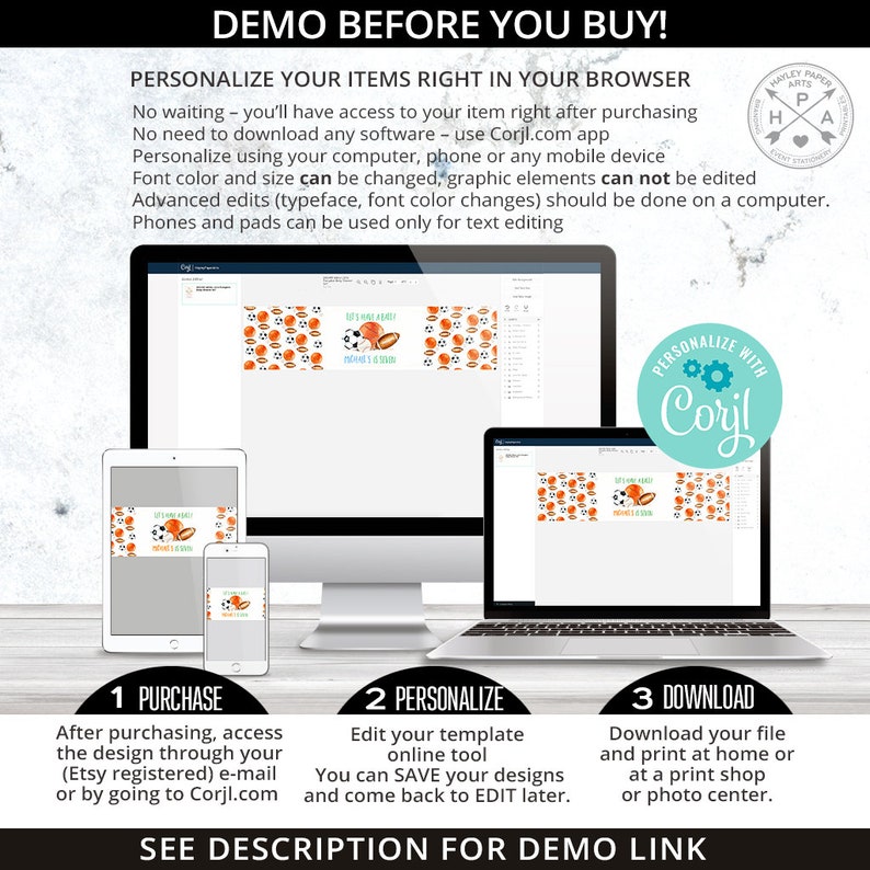 May include: A digital mockup showing how to personalize a printable design using the Corjl.com website. The design features a basketball and soccer ball theme with the text "Let's Get Ready" and "Orange & Blue".
