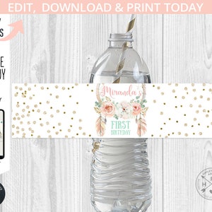 EDITABLE Atrapasueños primer cumpleaños salvaje una etiqueta de botella niña fiesta boho. Plumas de atrapasueños. Acceso instantáneo. 122HPA 09 B 201HPA