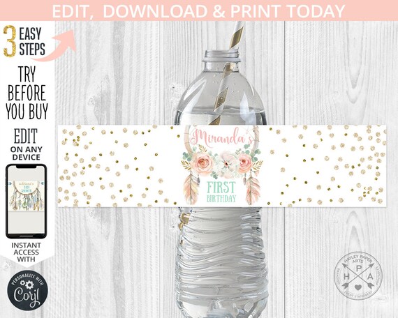 EDITABLE Dreamcatcher first birthday wild one bottle label girl boho party. Dream catcher feathers. Instant access. 122HPA 09 B 201HPA Il_570xn