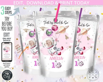 Space juice bag label, juice bags, astronaut pouch, tenth birthday girl TEN galaxy planets moon party editable template. 154HPA 18 E