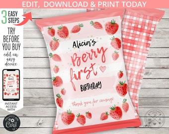 Strawberry first berry chips bag, strawberries party favor bags, fruit farm market, berries first birthday. Editable printable. 223HPA 30 D