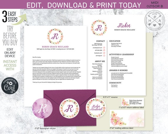 EDITABLE Sorority recruitment packet. MIDI pack. Resume cover letter sticker. Watercolor wreath. Instant download. Edited by you. SOR021 Il_570xn