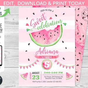 May include: Watermelon-themed birthday invitation with pink and green stripes. The invitation says "Join us for a Sweet Celebration" and features a watercolor illustration of a watermelon slice. The text also includes the name "Adriana" and the age "5". The date is August 23rd and the time is 2:00-5:00 PM. The invitation also includes the address and RSVP information.