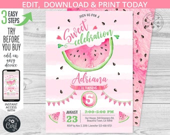 Watermelon birthday invitation sweet celebration melon pink any age b-day girl summer party invite invitations. Editable template. 053HPA 01