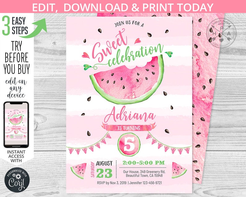 May include: Watermelon-themed birthday invitation with pink and green stripes. The invitation says "Join us for a Sweet Celebration" and features a watercolor illustration of a watermelon slice. The text also includes the name "Adriana" and the age "5". The date is August 23rd and the time is 2:00-5:00 PM. The invitation also includes the address and RSVP information.