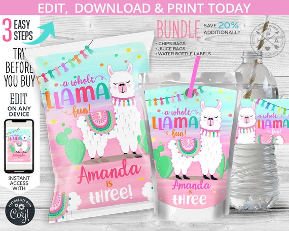 bundle-llama-chips-bag-juice-bags-water-bottle-labels-snacks-treat