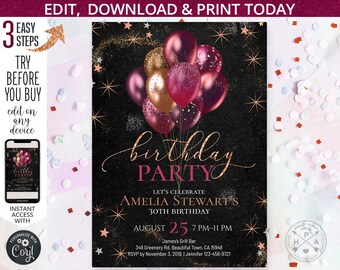 May include: A black and gold birthday party invitation with a pink and gold glitter background. The invitation features a graphic of balloons in shades of pink and gold. The text on the invitation reads "birthday party", "Let's Celebrate Amelia Stewart's 30th Birthday", "August 25, 7 PM-11 PM", "James's Grill Bar", "349 Greenery Rd, Beautiful Town, CA 15948", "RSVP by November 3, 2019 | Jennifer 123-456-9721".