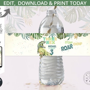 May include: Editable water bottle label with a green dinosaur illustration and the text "Three Rex" and "Stomp Chomp Roar". The label is decorated with green leaves and a confetti-like pattern.