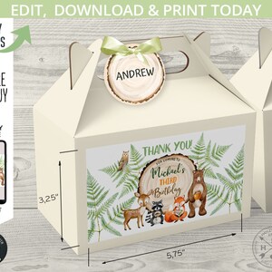 EDITABLE Woodland animals fern birthday gable gift box labels and tags. Handle favor takeway box label tag. Instant download. 093HPA 28 B