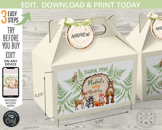 EDITABLE Woodland animals fern birthday gable gift box labels and tags. Handle favor takeway box label tag. Instant download. 093HPA 28 B Il_570xn