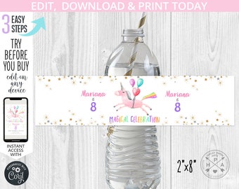May include: Printable water bottle label featuring a unicorn with rainbow colors and a magical celebration theme. The label is 2 inches by 8 inches and includes the text "Mariana is 8".