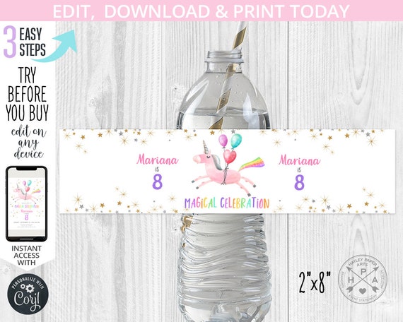 Unicorn water bottle label magical celebration birthday balloons pastel rainbow pink flying unicorn party. Editable printable. 190HPA 12 B Il_570xn
