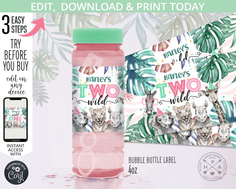 Puede incluir: Una etiqueta de botella de burbujas rosa y verde con un tema de selva. La etiqueta presenta una jirafa, una cebra, un le&oacute;n, un elefante y un rinoceronte. El texto en la etiqueta dice "Harley's Two Wild". La etiqueta es para una botella de burbujas de 40 oz.