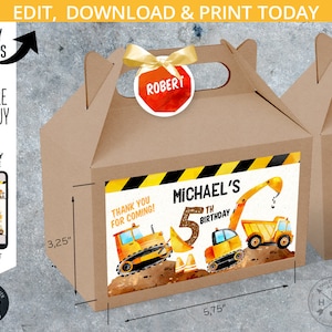 Construction gable gift box labels. Handle favor takeway box stickers. Digging truck boy birthday party favors. Editable label. 180HPA 28 A