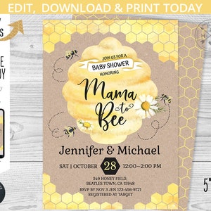 May include: A yellow and brown baby shower invitation with a honeycomb pattern and a watercolor illustration of a beehive. The text reads "Join us for a baby shower honoring Mama to Bee Jennifer & Michael" with the date, time, and RSVP information. The invitation is 5 inches by 7 inches.