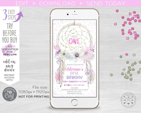 Dreamcatcher wild ONE electronic invitation first birthday glitter purple smartphone e-vite, digital invite. Selfediting. E109 07 109HPA Il_570xn
