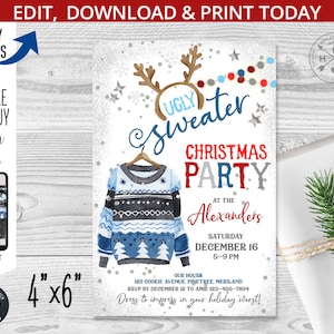 Op de afbeelding: Een uitnodiging voor een "Ugly Sweater Christmas Party" met een aquarel illustratie van een blauw-witte trui. De uitnodiging bevat feestdetails zoals datum, tijd en locatie, en de tekst "Dress to impress in your holiday worst!"