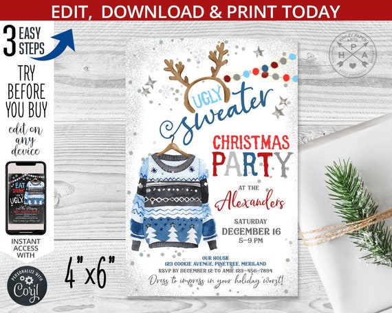 Ugly sweater invitation. 4x6. Christmas party holiday eat drink and be ugly card. Blue sweater antlers. Editable printable. 205HPA 22 D2 Il_570xn