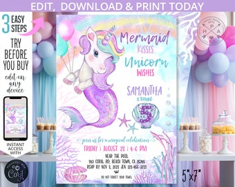 Mermaid kisses unicorn wishes magical under the sea party unimermaid invitation birthday purple invitations. Editable printable. 247HPA 01