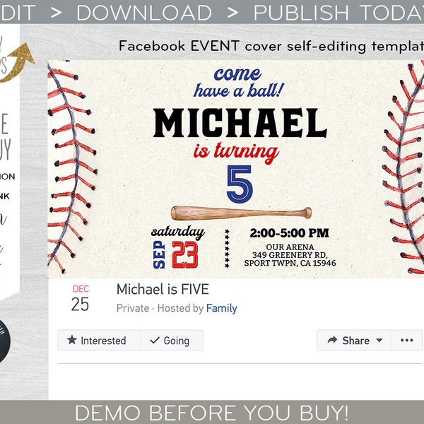 Baseball facebook birthday event cover, social media party banner, any age first rookie 1st invitation. Editable download. F191 01 191HPA