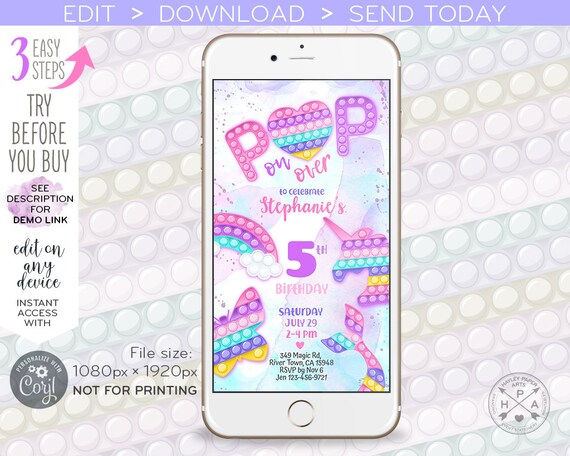Pop it electronic birthday fidget toy invitation toy bubbles rainbow girl party, smartphone e-vite. Selfediting template. E175 07 175HPA Il_570xn