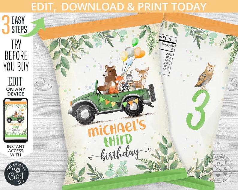 Woodland animals green jeep chips bag favor chip pouch wrapper snacks bags any age boy girl fall birthday party editable template 088HPA 21