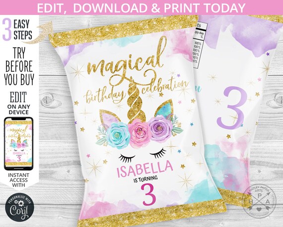 Unicorn magical chip bag, snacks treat bags, unicorn gold chip bag, chips pouch, favors any age birthday party editable template 046HPA 30 B Il_570xn