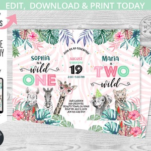 Safari joint party Wild girl ONE girl TWO birthday invitation first 1st 2nd jungle sisters animals greenery. Editable printable. 125HPA 35