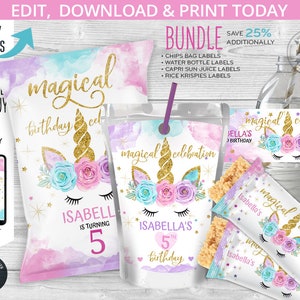 May include: A printable party favor bundle featuring a unicorn theme with a magical birthday celebration design. The bundle includes labels for chips bags, water bottles, Capri Sun juice boxes, and Rice Krispies treats. The labels feature a watercolor background with a unicorn head, flowers, and gold glitter accents. The text "magical birthday celebration" is included on the labels.